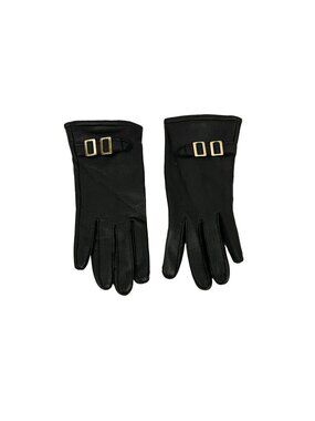 Black Women’s Vinyl Gloves Gold-Tone Buckle Detail Medium Knit Cotton Lining